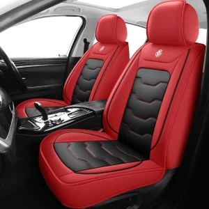 Universal 5-Seater Car Seat Covers – Waterproof Leather Interior Protector, Full Set with Front & Rear Covers (Black/Red)