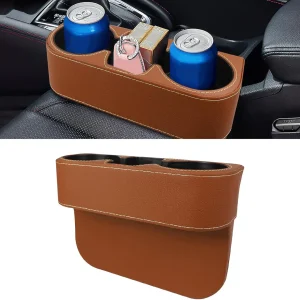 Car Cup Holder & Seat Gap Organizer – PU Leather Storage Box with Dual Drink Holders for Phones, Coins & Essentials (Universal Fit)